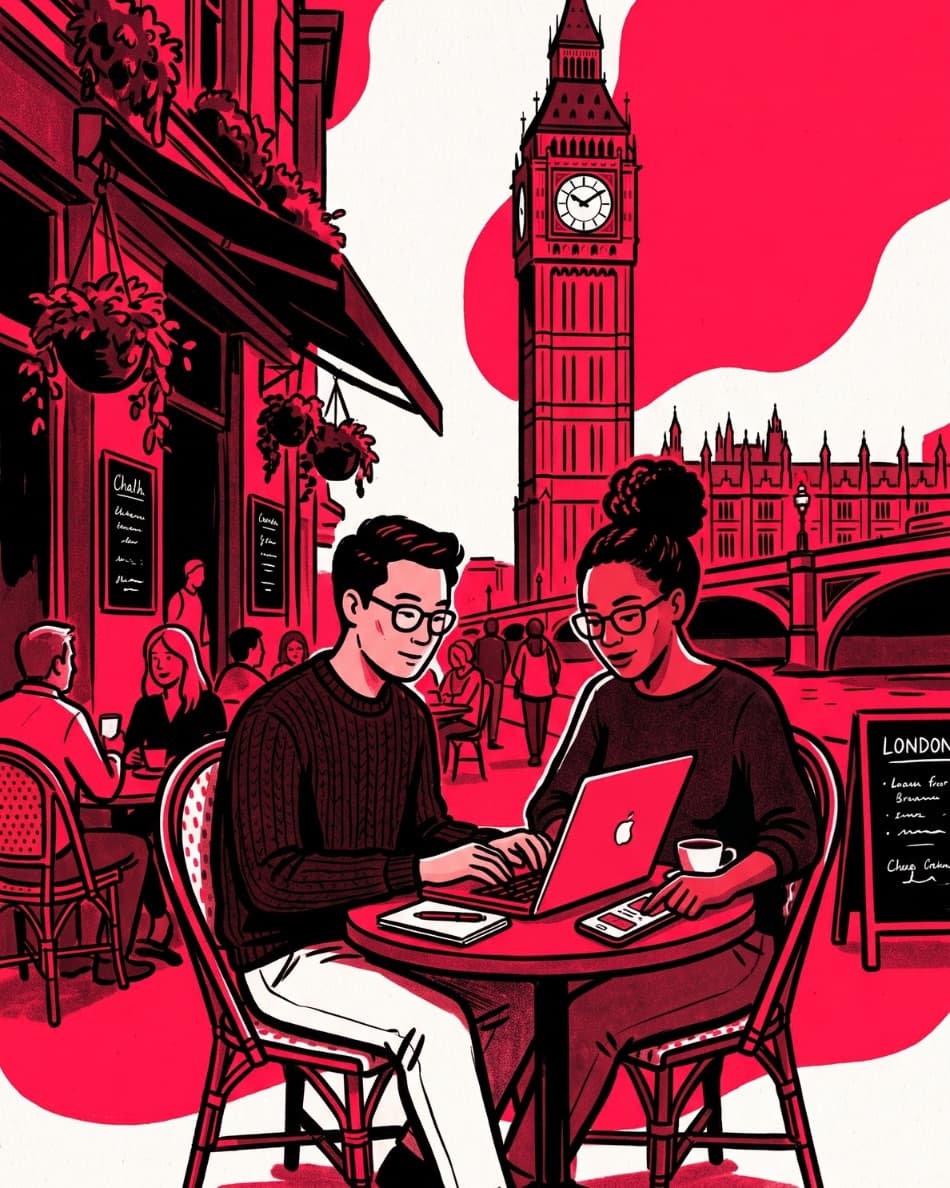Illustration of two people working on a laptop at a London cafรฉ