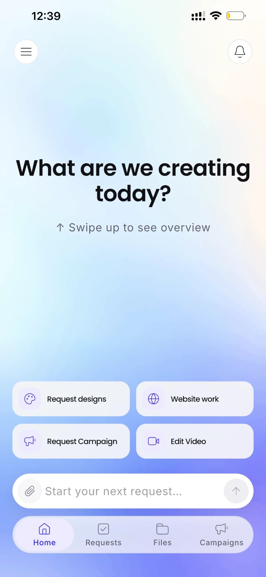 Workspace mobile app home screen with shortcuts to request designs, website work, campaigns and video edits