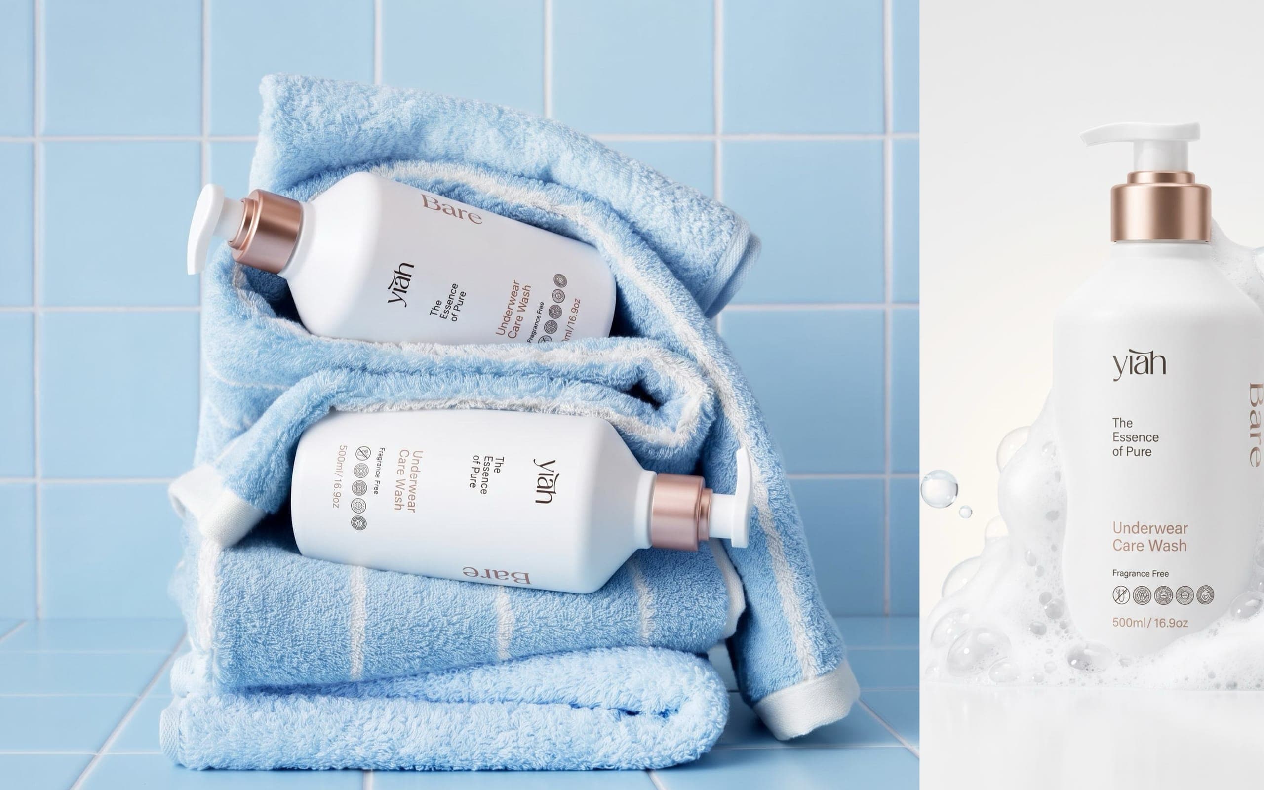 Yiah bottles on blue towels